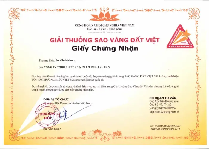 In Minh Khang – Đạt giải thưởng sao vàng đất Việt ( TOP 100 Thương hiệu đất Việt )