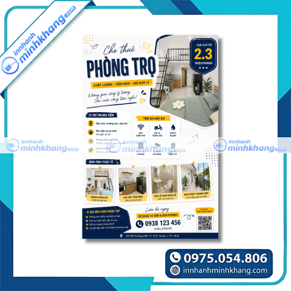 Mẫu tờ rơi cho thuê phòng trọ giá rẻ thiết kế hiện đại đầy đủ thông tin liên hệ