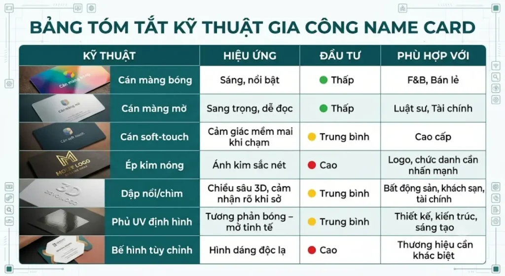 Bảng so sánh các kỹ thuật gia công name card