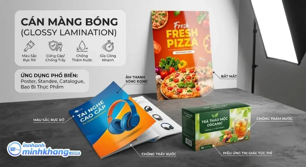 Các ấn phẩm tờ rơi, catalogue, hộp giấy được cán màng bóng