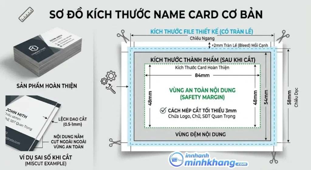 Sơ đồ kích thước tràn lề và vùng an toàn nội dung name card 90x54mm