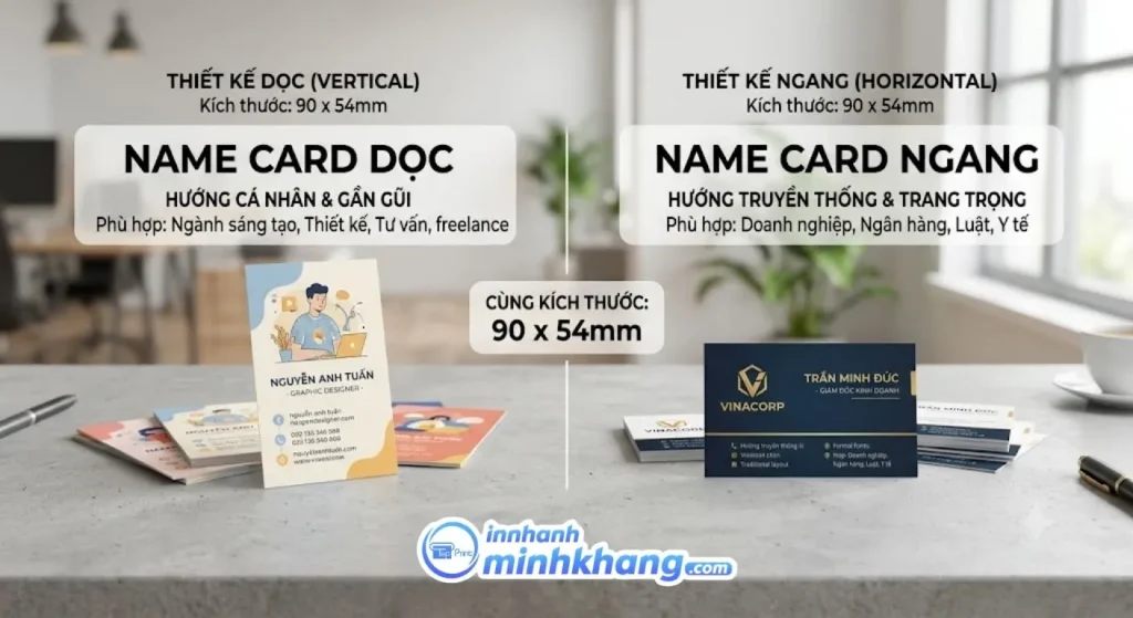 So sánh bố cục name card dọc và name card ngang cùng kích thước 90x54mm