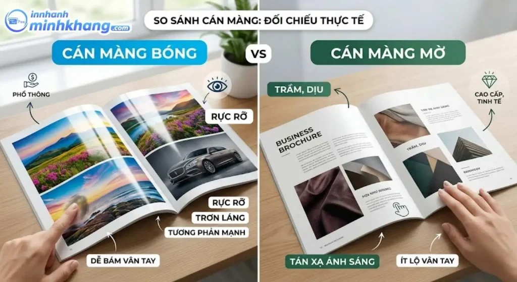 Cận cảnh macro hai bề mặt cán màng bóng và cán màng mờ dưới ánh đèn
